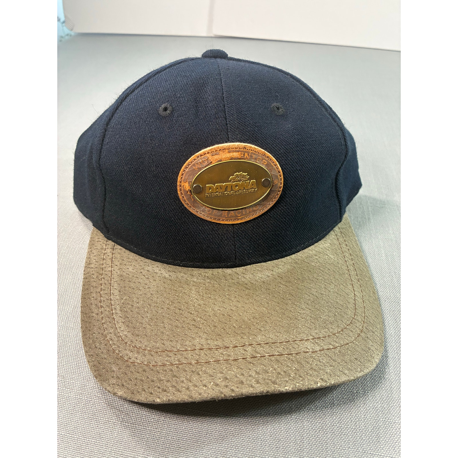 Daytona Speedway Leather Patch Strapback Hat Black Tan Racing Cap Daytona Speedway Leather Patch Strapback Hat Black Tan Racing Cap